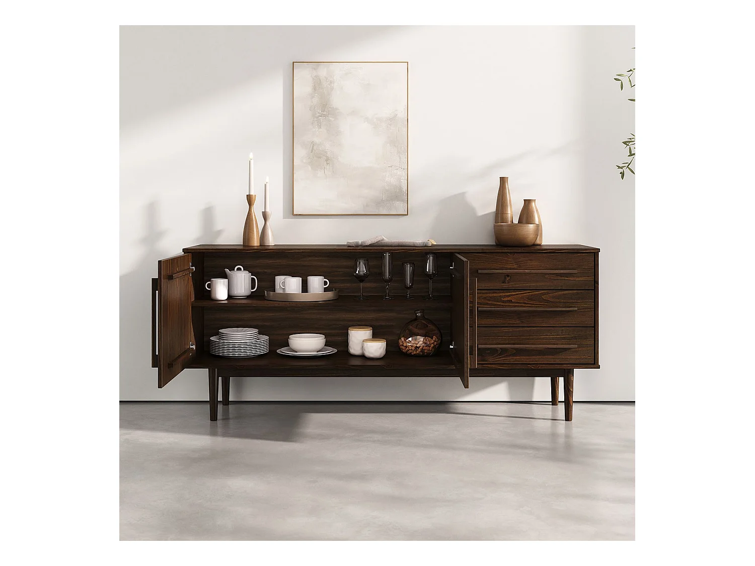 Buffet TECCA L 170 cm 2 Portes 3 Tiroirs en Bois Massif Coloris Noyer avec Étagères Réglables, Deux compartiments