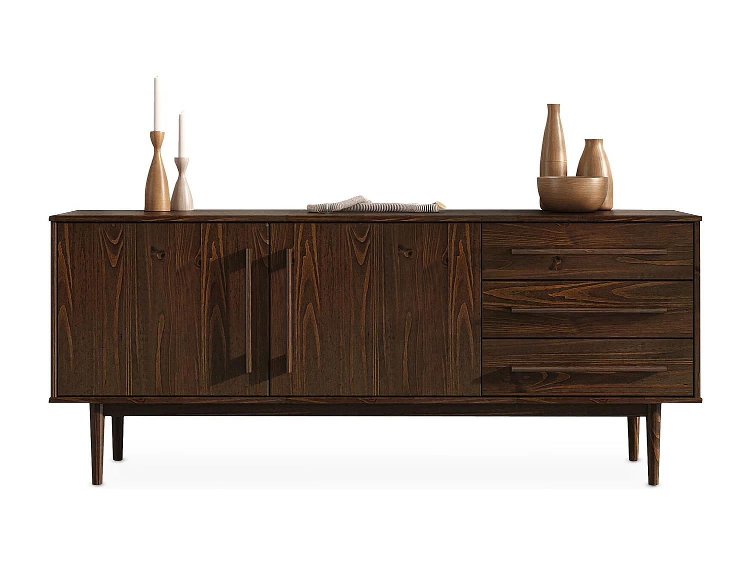 Buffet TECCA L 170 cm 2 Portes 3 Tiroirs en Bois Massif Coloris Noyer avec Étagères Réglables, Deux compartiments