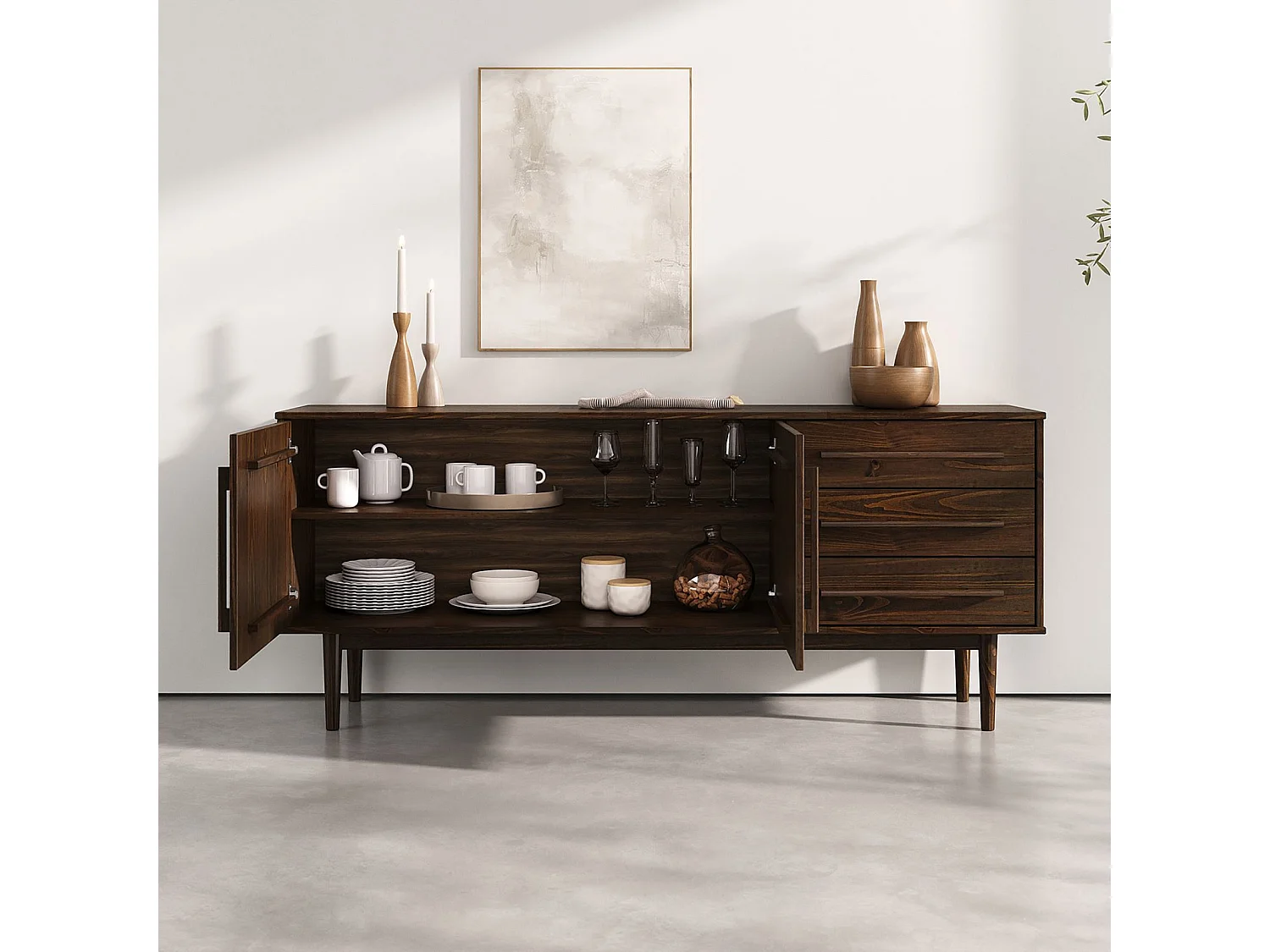 Buffet TECCA L 170 cm 2 Portes 3 Tiroirs en Bois Massif Coloris Noyer avec Étagères Réglables, Deux compartiments