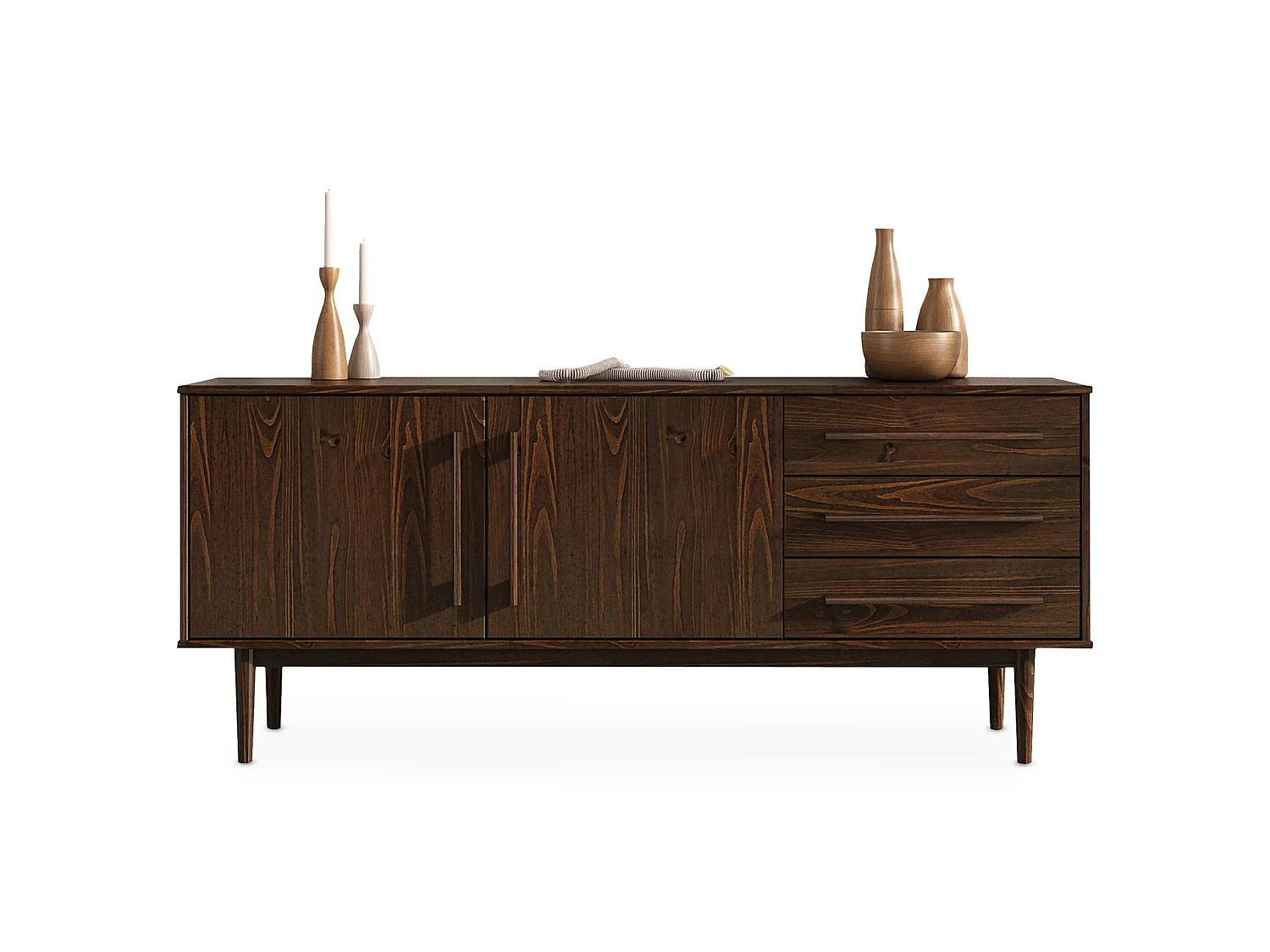 Buffet TECCA L 170 cm 2 Portes 3 Tiroirs en Bois Massif Coloris Noyer avec Étagères Réglables, Deux compartiments