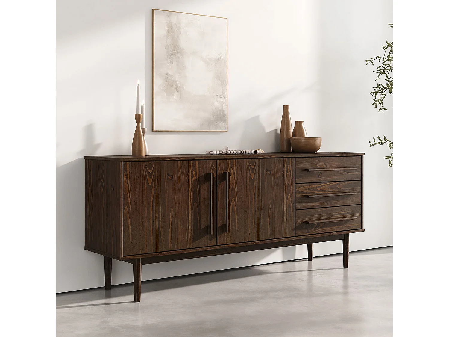 Buffet TECCA L 170 cm 2 Portes 3 Tiroirs en Bois Massif Coloris Noyer avec Étagères Réglables, Deux compartiments