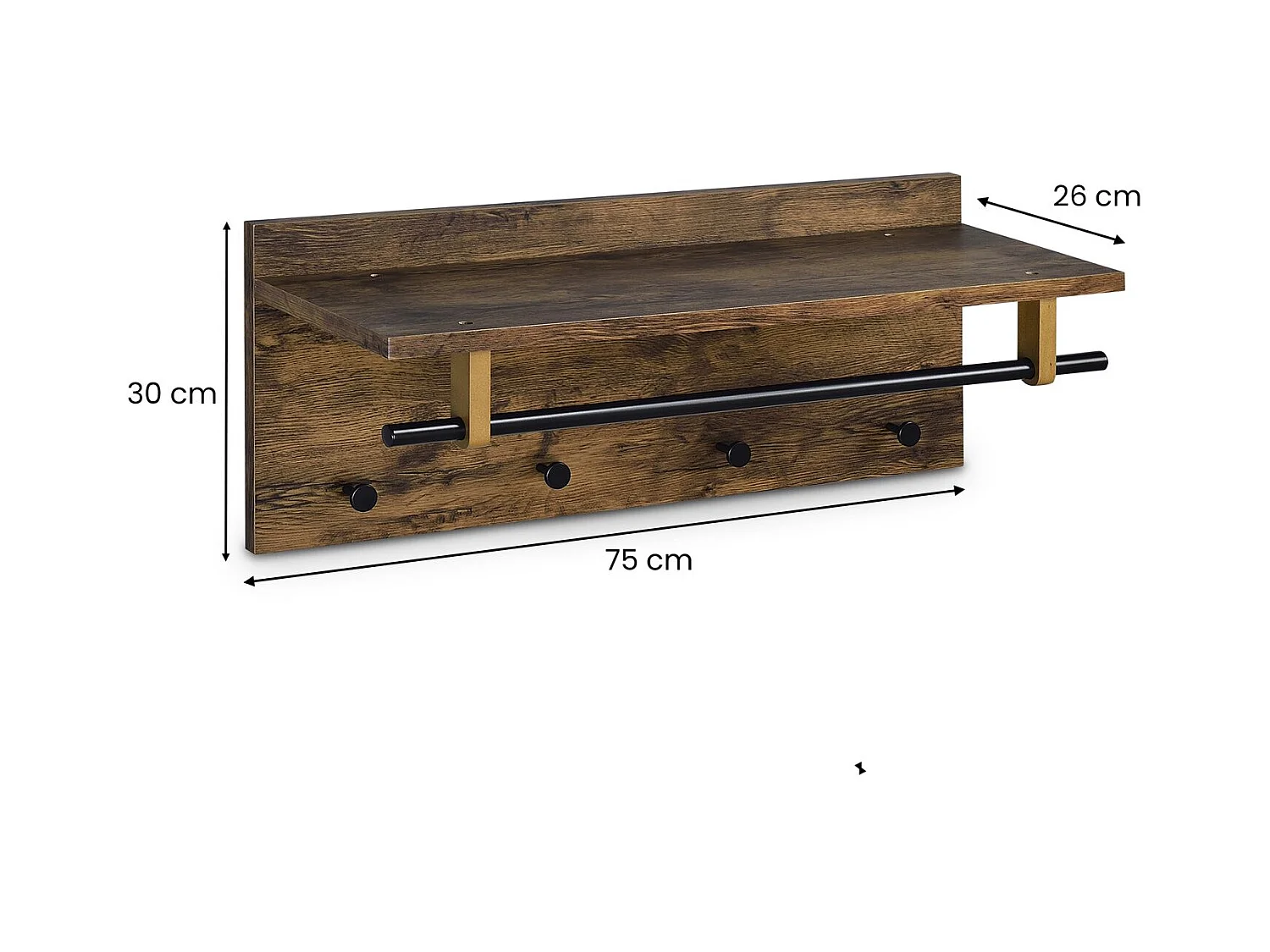 Porte-manteaux mural ULF coloris vintage et noir penderie murale avec 1 étagère de rangement 1 tringle et 4 patères