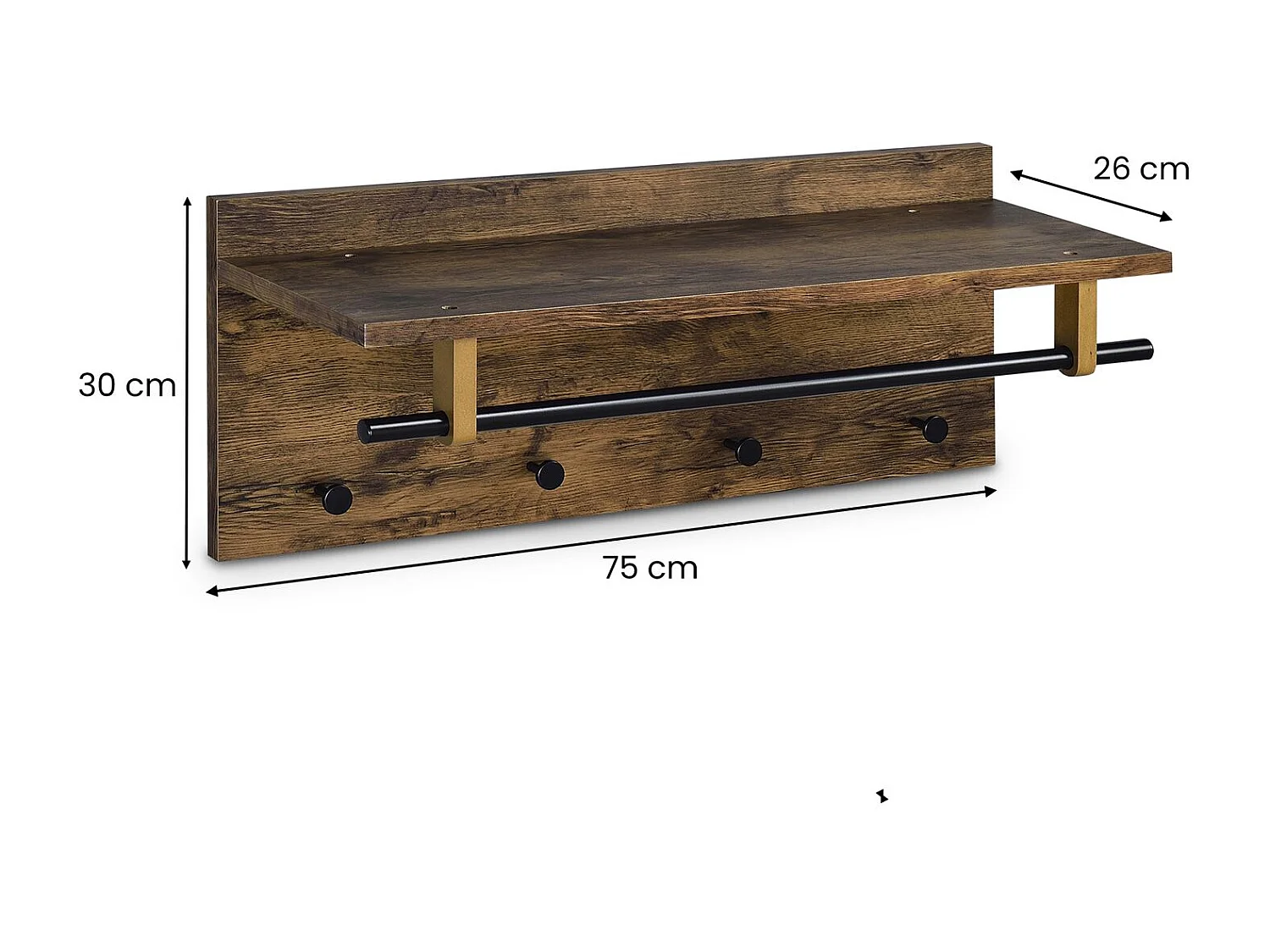 Porte-manteaux mural ULF coloris vintage et noir penderie murale avec 1 étagère de rangement 1 tringle et 4 patères