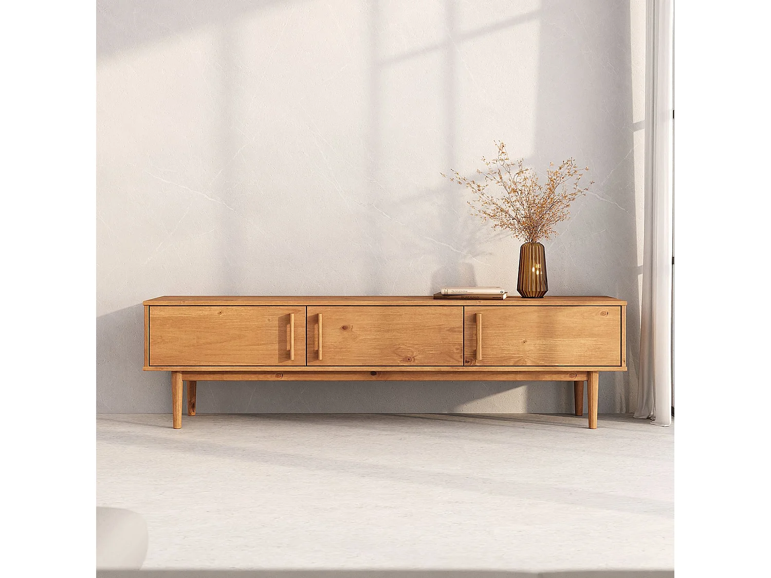 Meuble TV TECCA L 180 cm en Bois Massif Coloris Chêne avec 3 Portes, Pour téléviseur jusqu'à 80", Meuble Télé avec Rangement