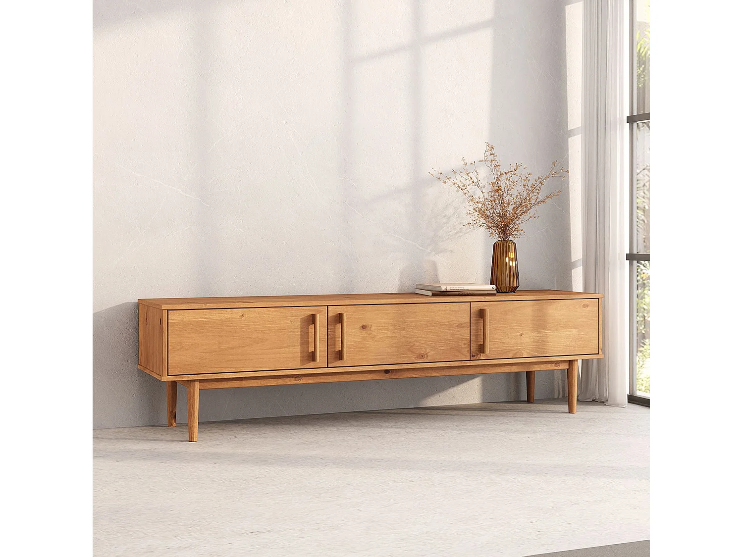 Meuble TV TECCA L 180 cm en Bois Massif Coloris Chêne avec 3 Portes, Pour téléviseur jusqu'à 80", Meuble Télé avec Rangement