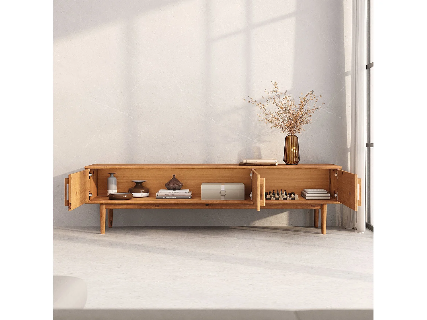 Meuble TV TECCA L 180 cm en Bois Massif Coloris Chêne avec 3 Portes, Pour téléviseur jusqu'à 80", Meuble Télé avec Rangement