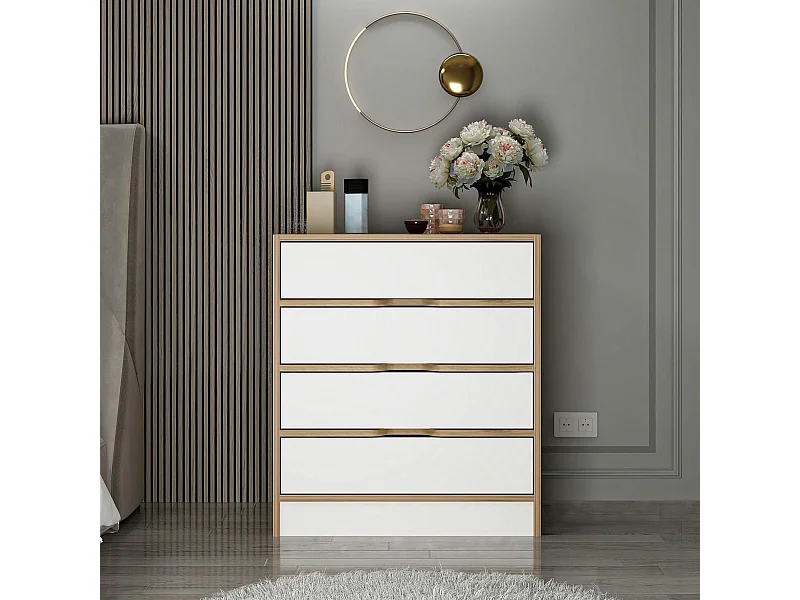 Petite commode moderne 4 tiroirs effet noyer & blanc BYRON