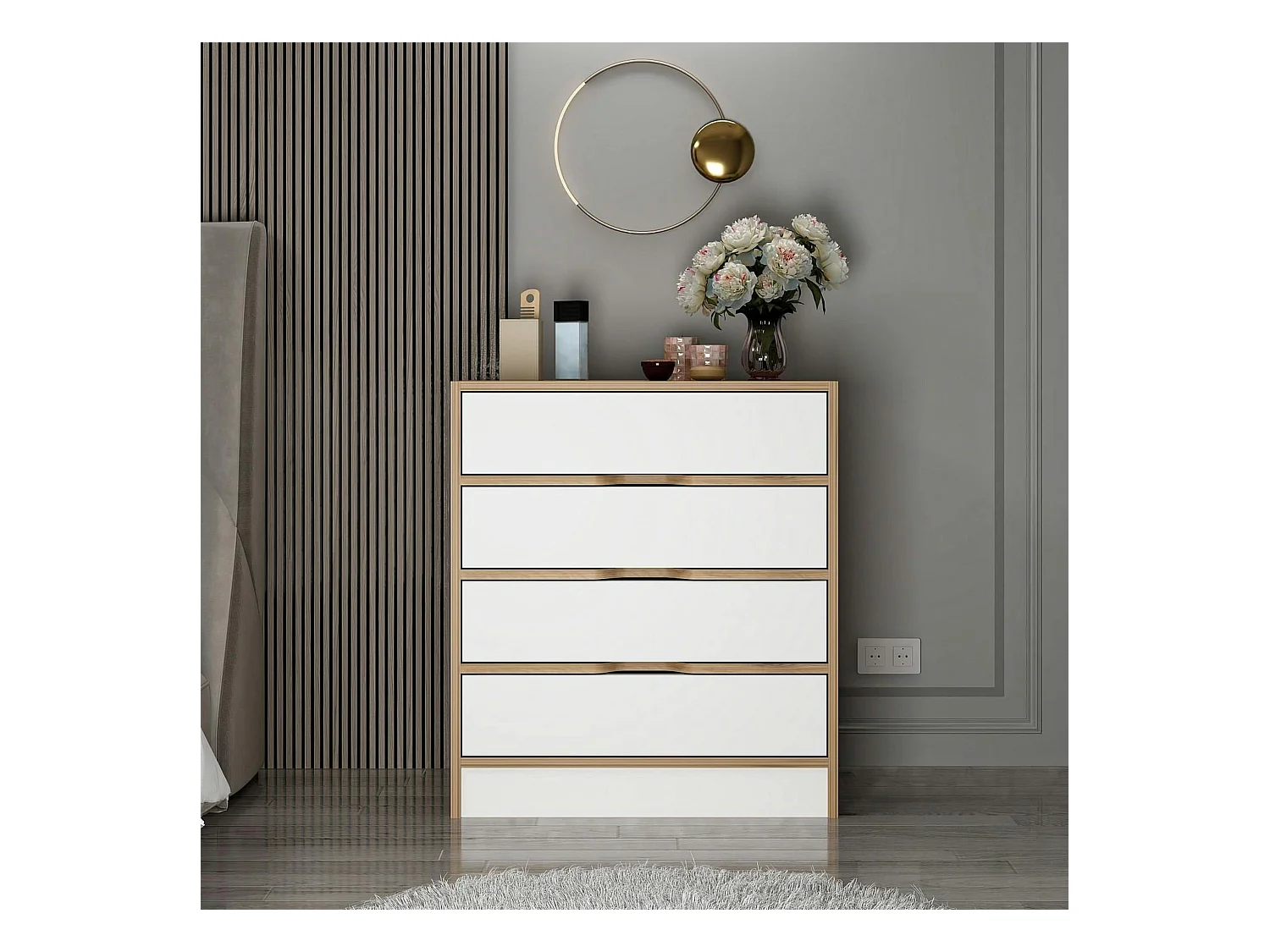 Petite commode moderne 4 tiroirs effet noyer & blanc BYRON