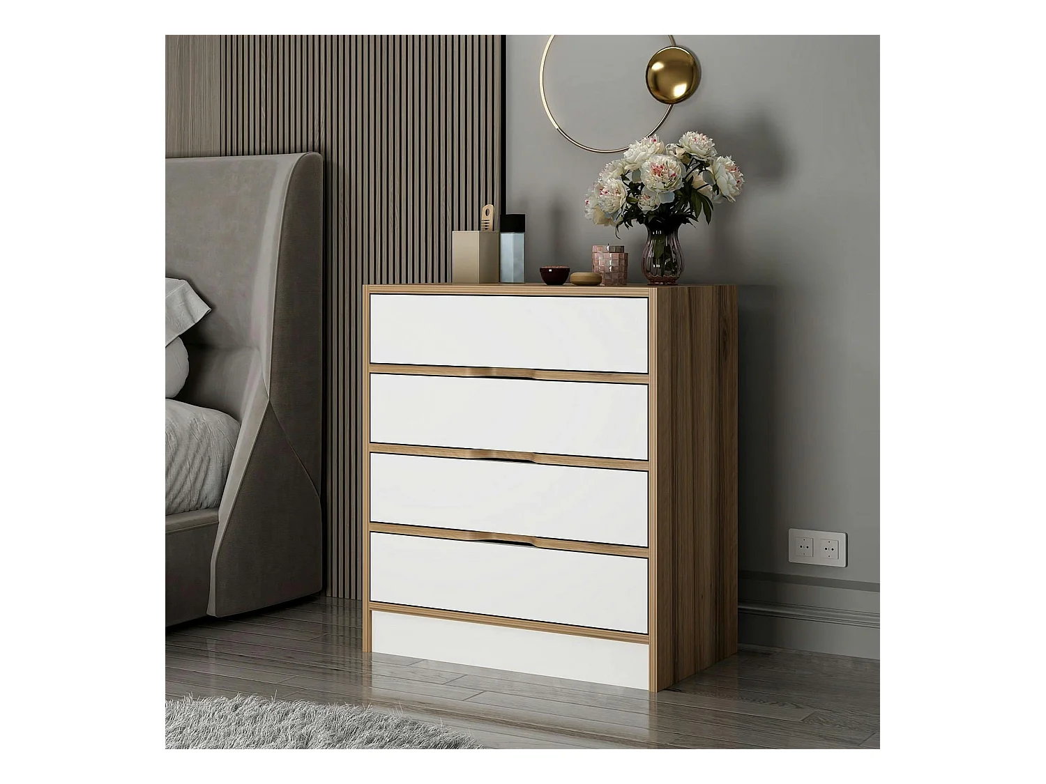 Petite commode moderne 4 tiroirs effet noyer & blanc BYRON