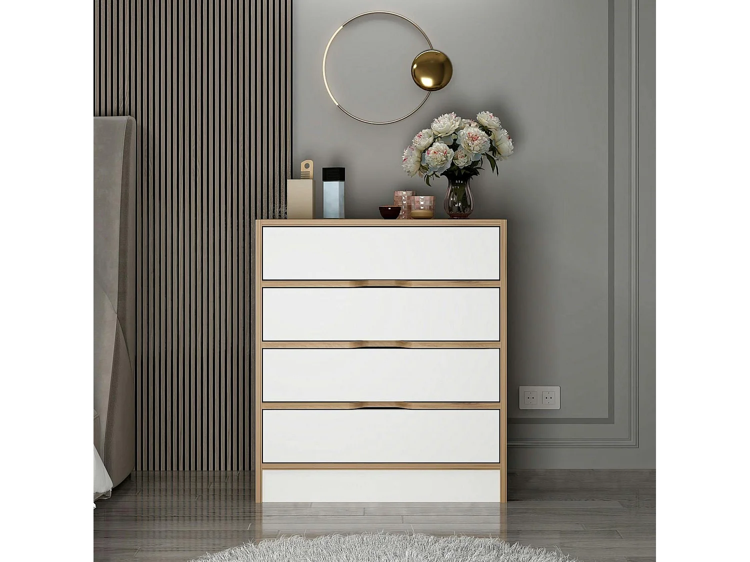 Petite commode moderne 4 tiroirs effet noyer & blanc BYRON