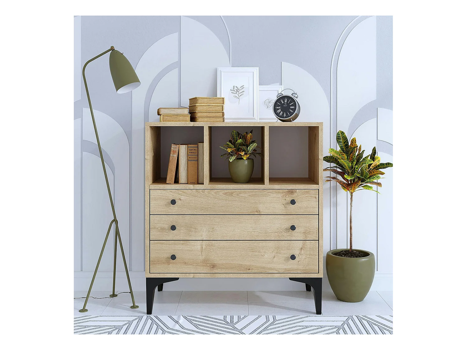 Petite commode 3 tiroirs et 3 niches décoratives JENA