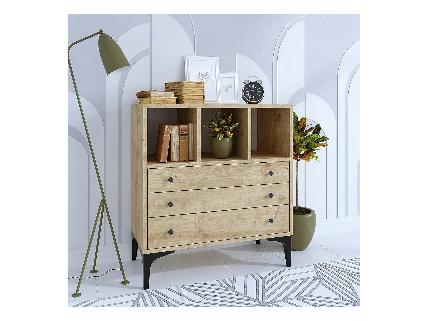 Petite commode 3 tiroirs et 3 niches décoratives JENA