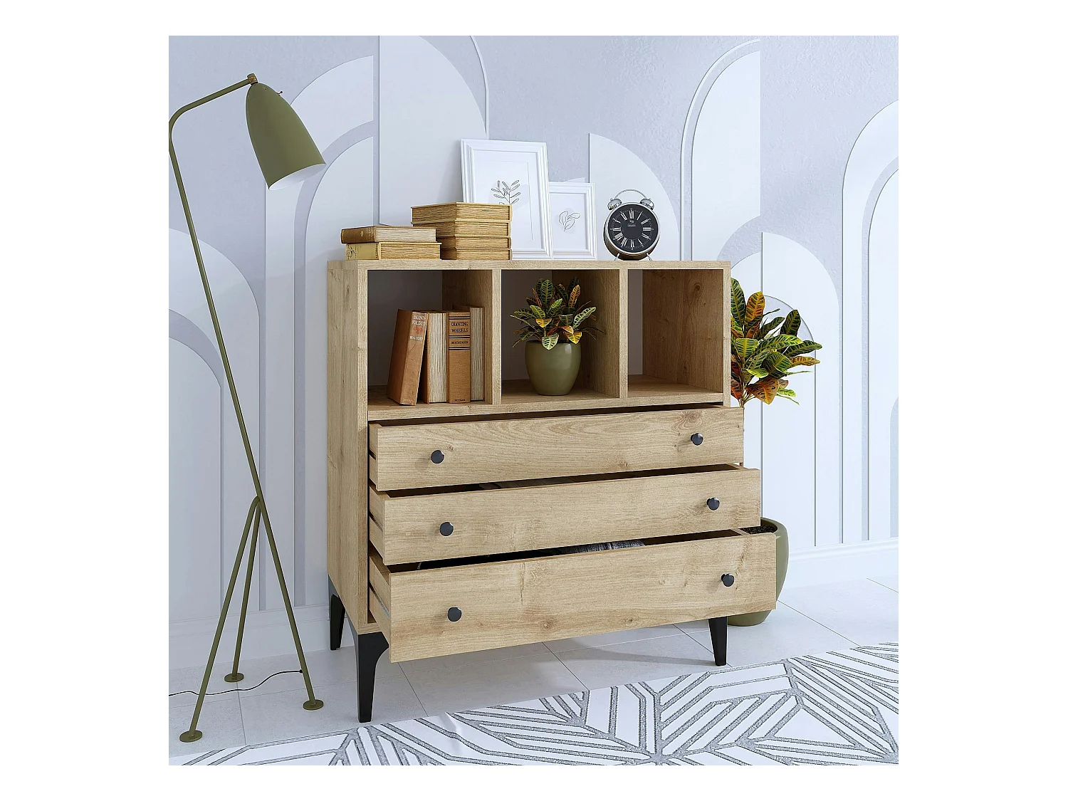 Petite commode 3 tiroirs et 3 niches décoratives JENA