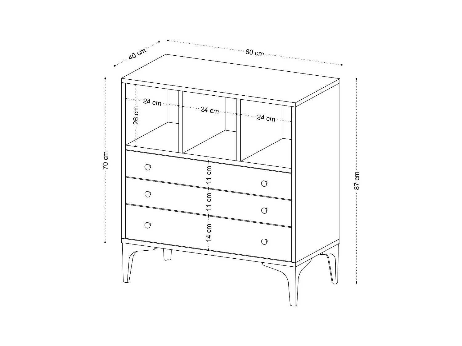 Petite commode 3 tiroirs et 3 niches décoratives JENA