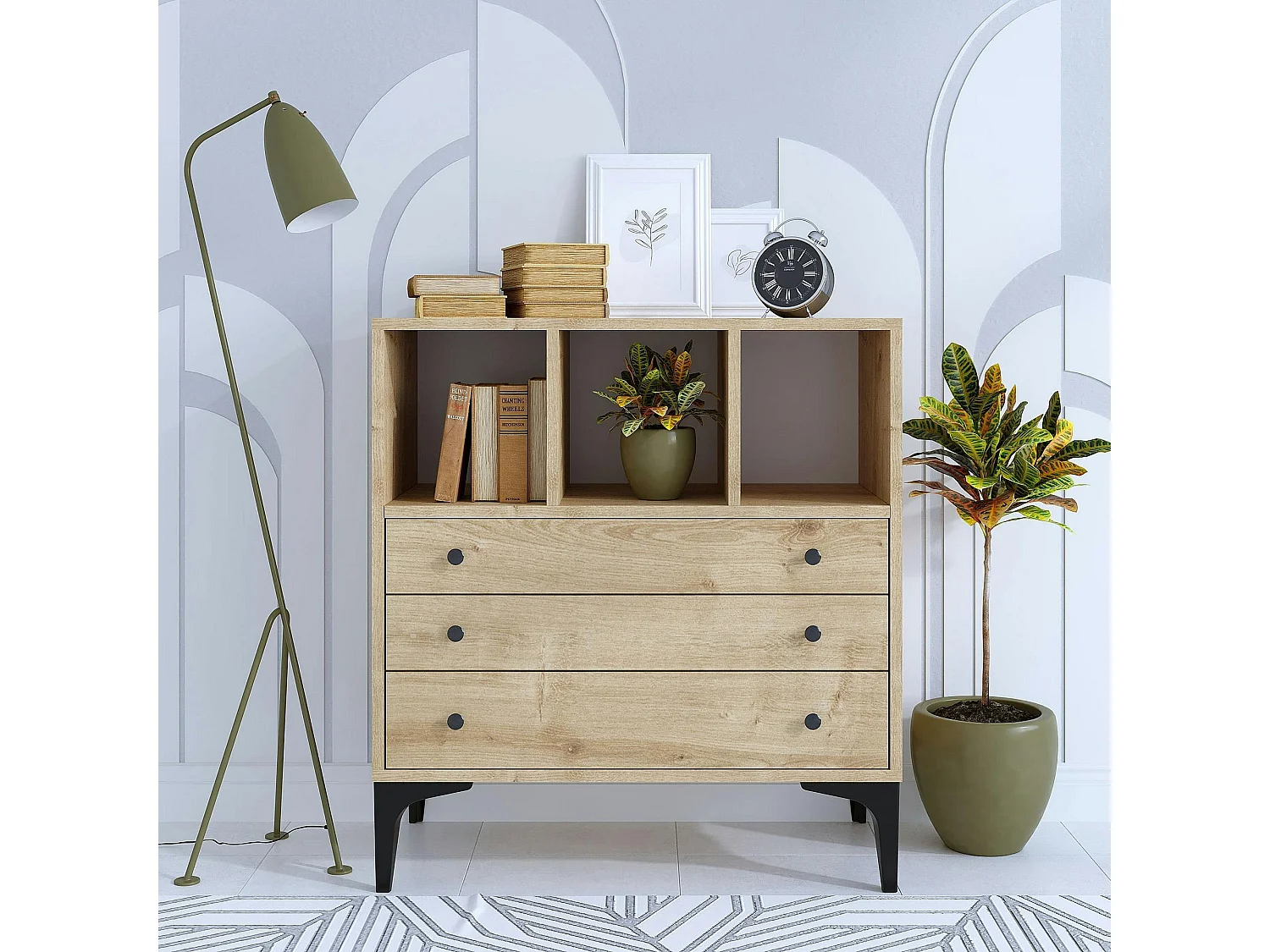 Petite commode 3 tiroirs et 3 niches décoratives JENA