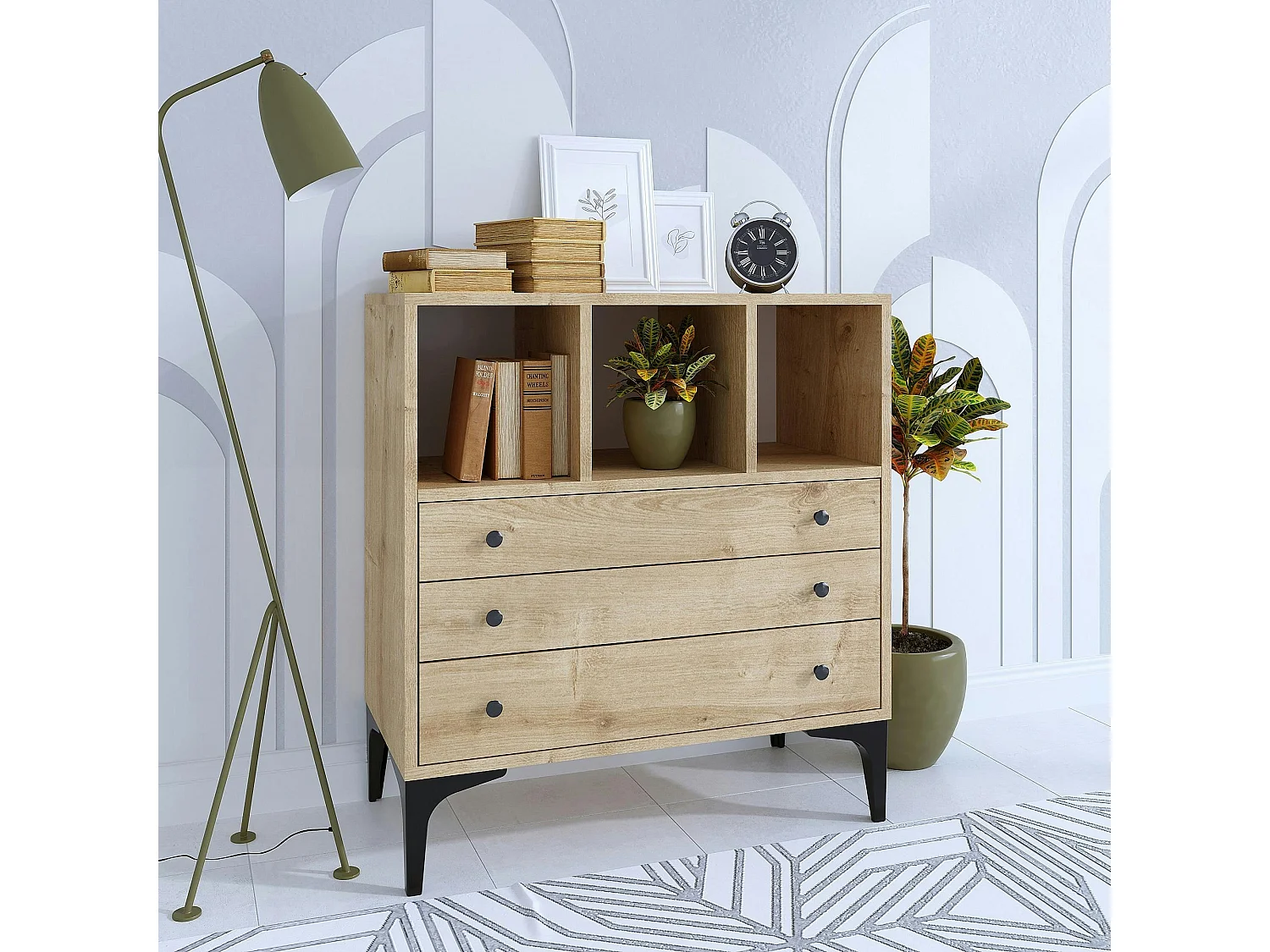 Petite commode 3 tiroirs et 3 niches décoratives JENA