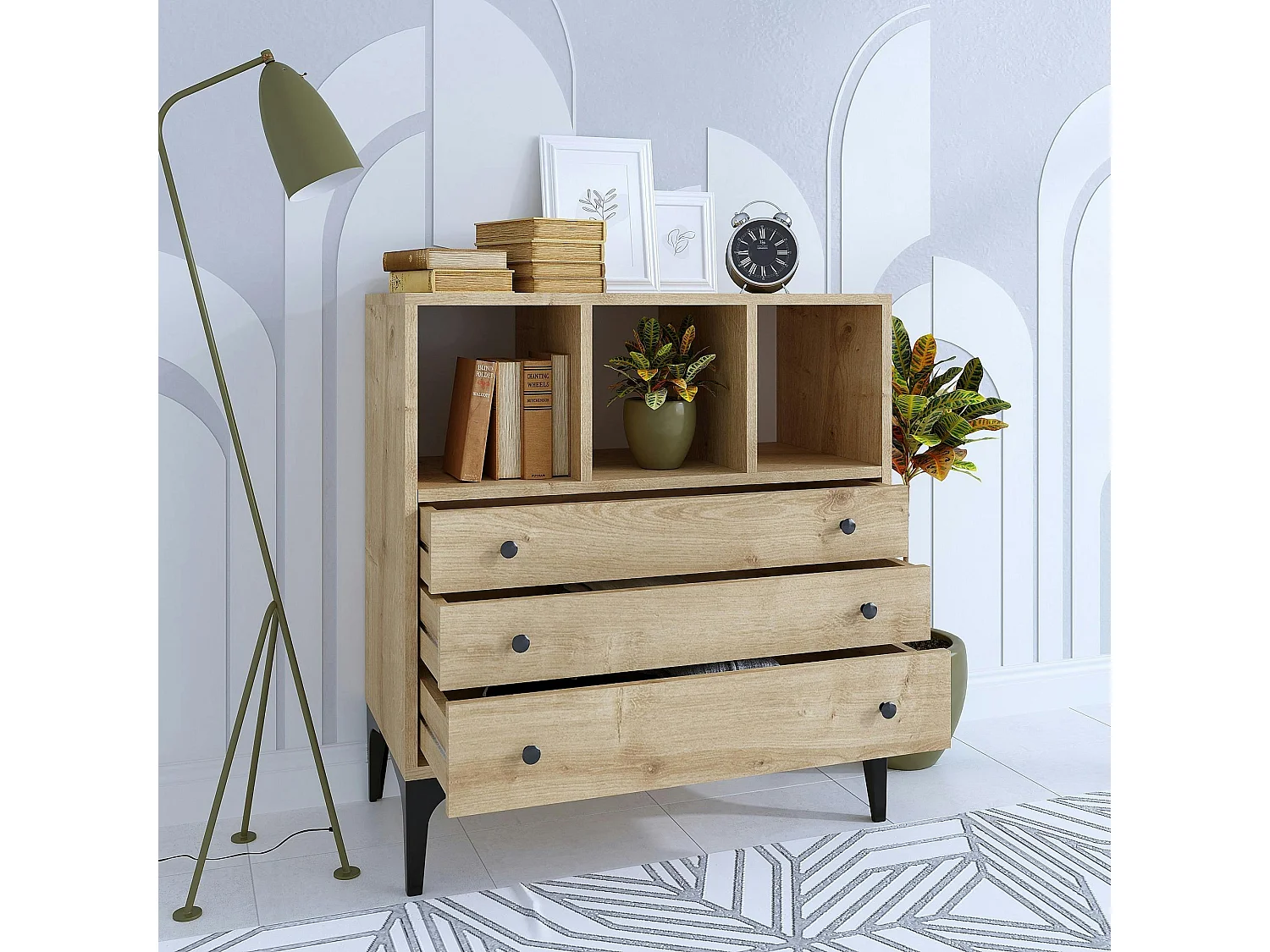 Petite commode 3 tiroirs et 3 niches décoratives JENA