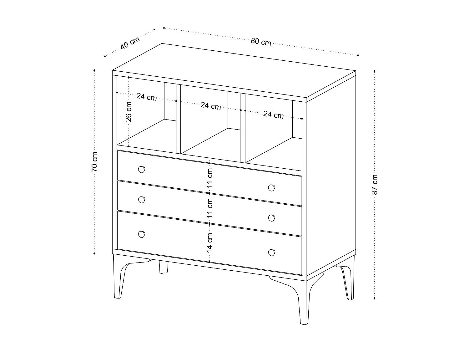 Petite commode 3 tiroirs et 3 niches décoratives JENA