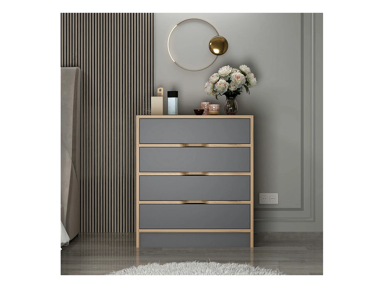 Petite commode moderne 4 tiroirs effet noyer & gris BYRON