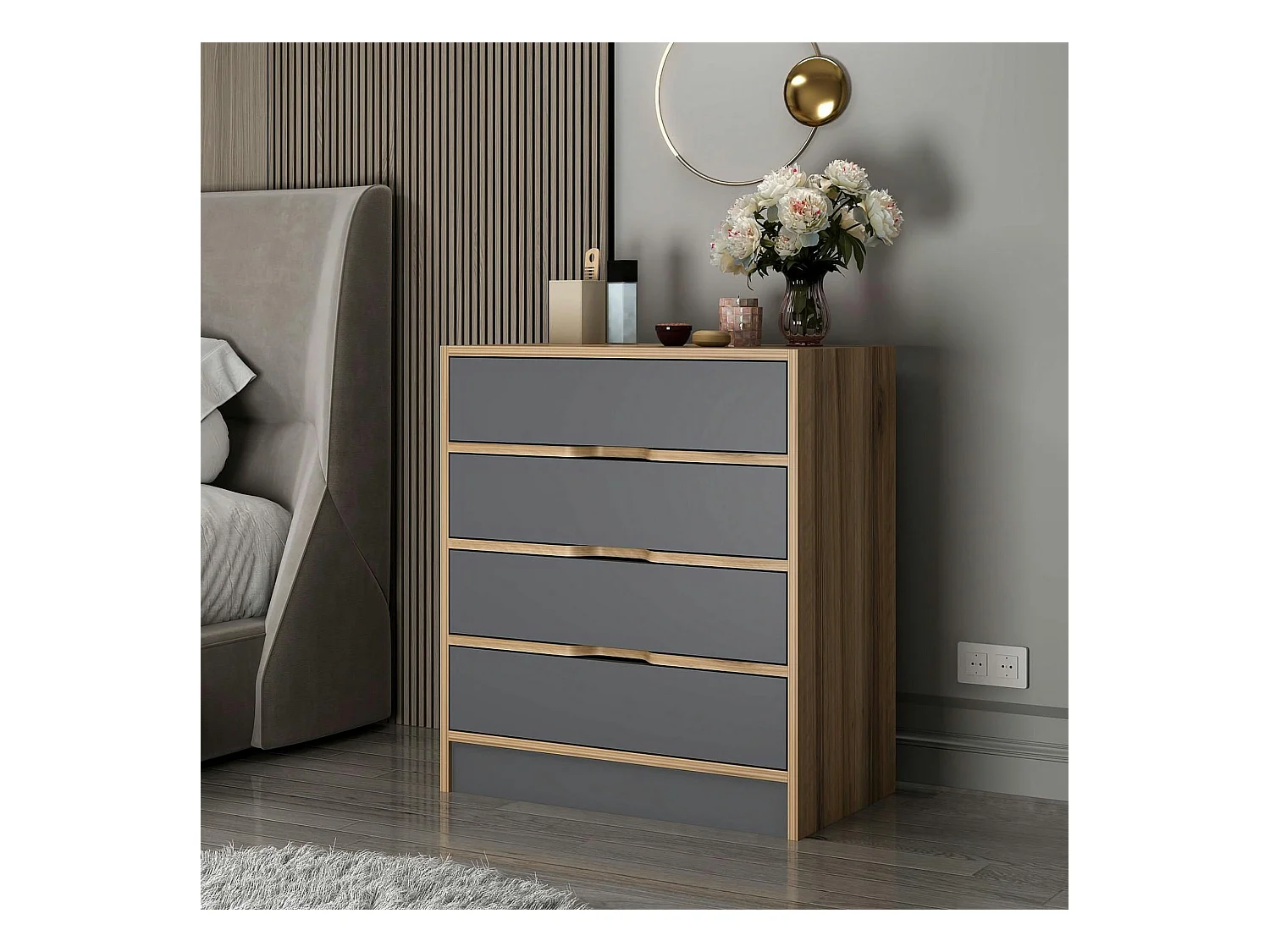 Petite commode moderne 4 tiroirs effet noyer & gris BYRON