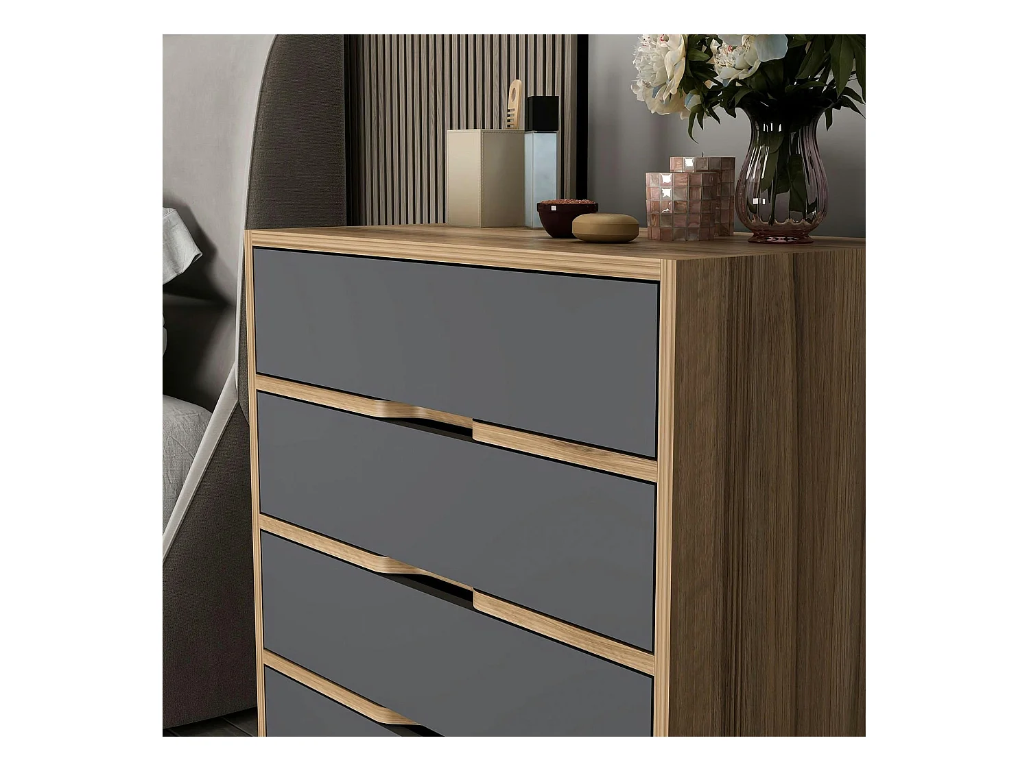 Petite commode moderne 4 tiroirs effet noyer & gris BYRON