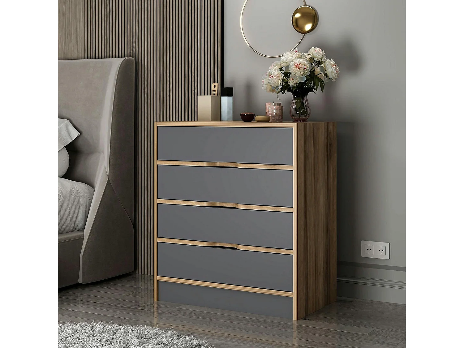 Petite commode moderne 4 tiroirs effet noyer & gris BYRON