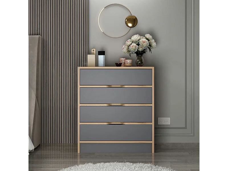 Petite commode moderne 4 tiroirs effet noyer & gris BYRON