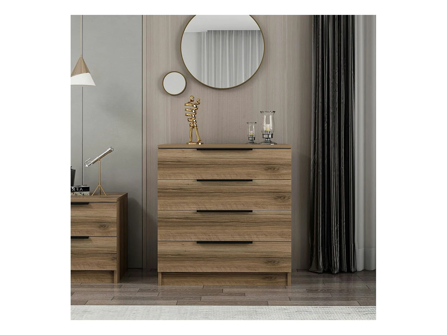 Petite commode moderne 4 tiroirs effet bois de noyer BYRON