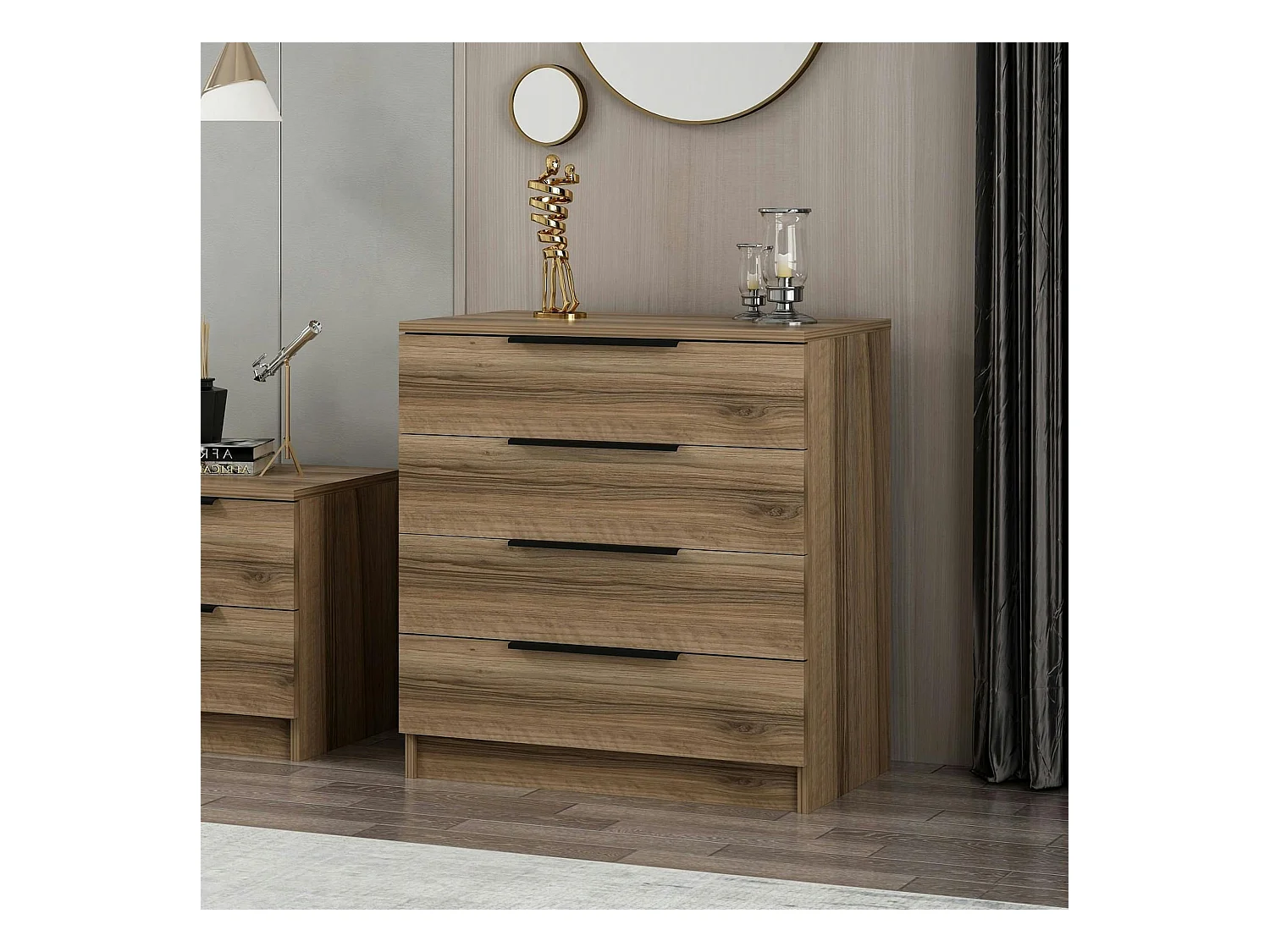 Petite commode moderne 4 tiroirs effet bois de noyer BYRON