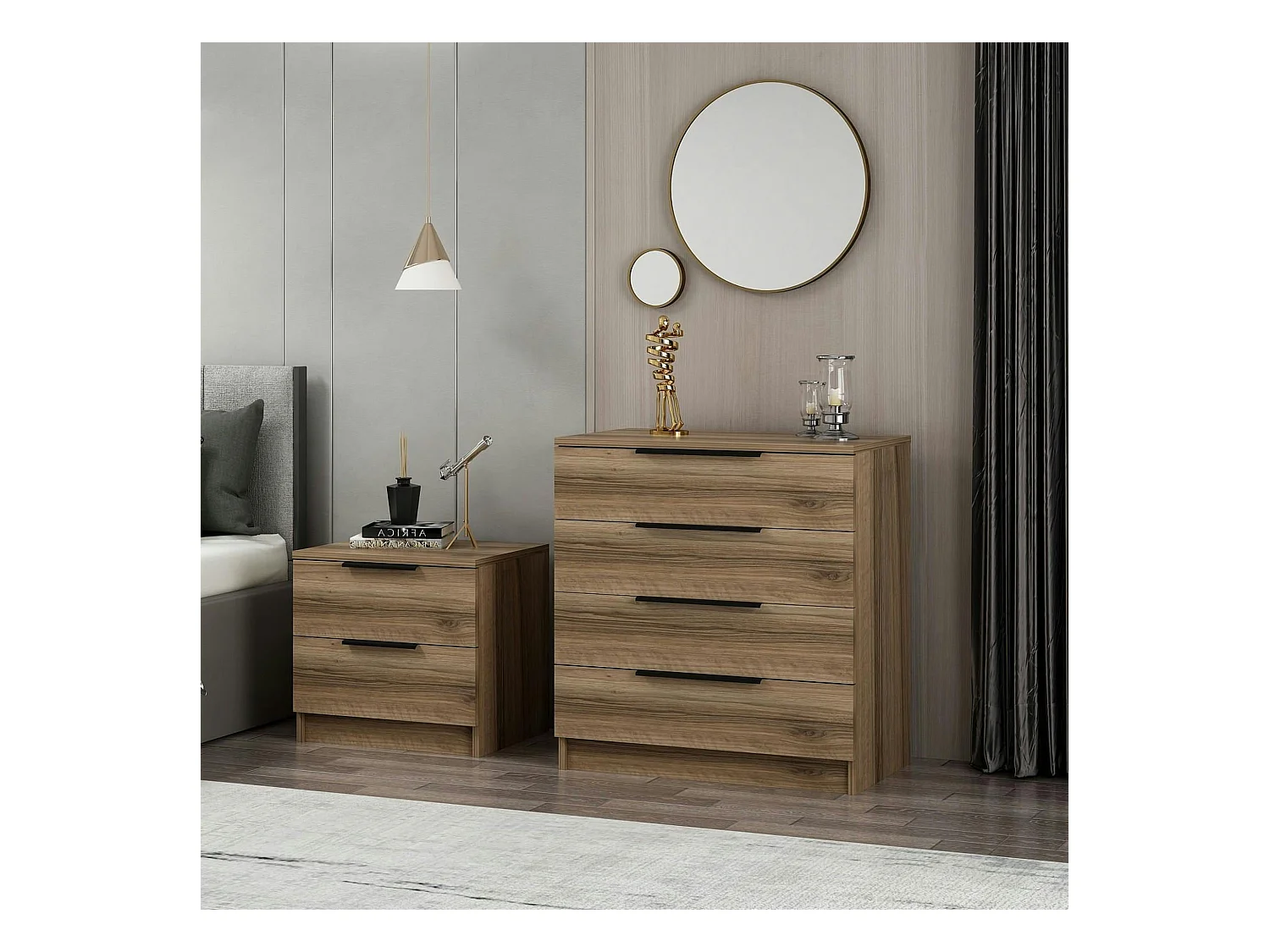 Petite commode moderne 4 tiroirs effet bois de noyer BYRON