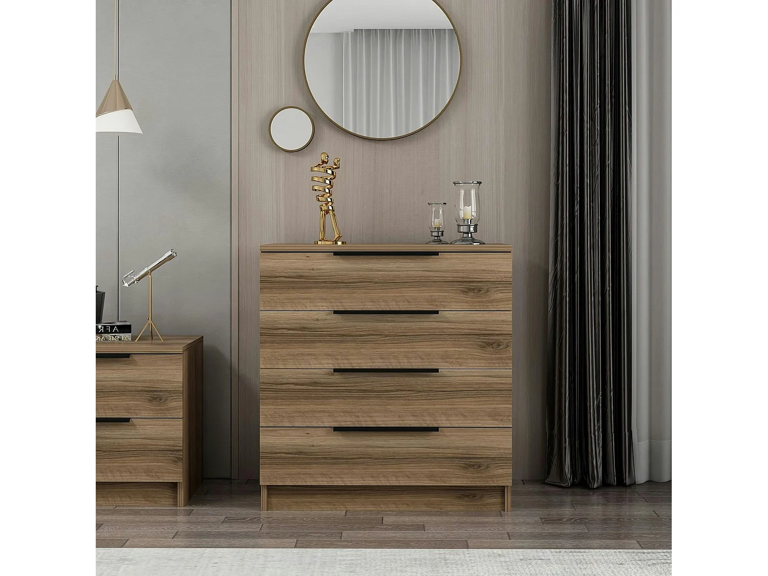 Petite commode moderne 4 tiroirs effet bois de noyer BYRON