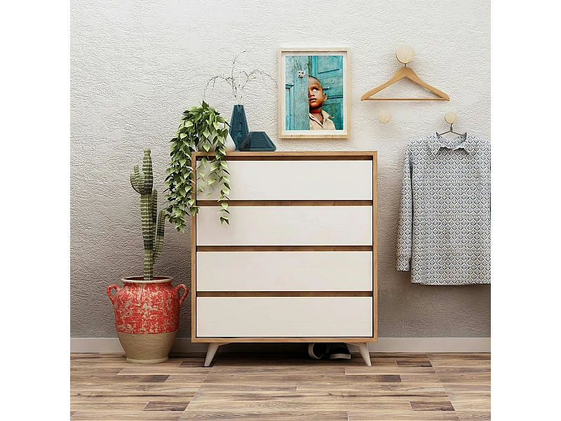 Commode moderne effet chêne 4 tiroirs blancs BYRON