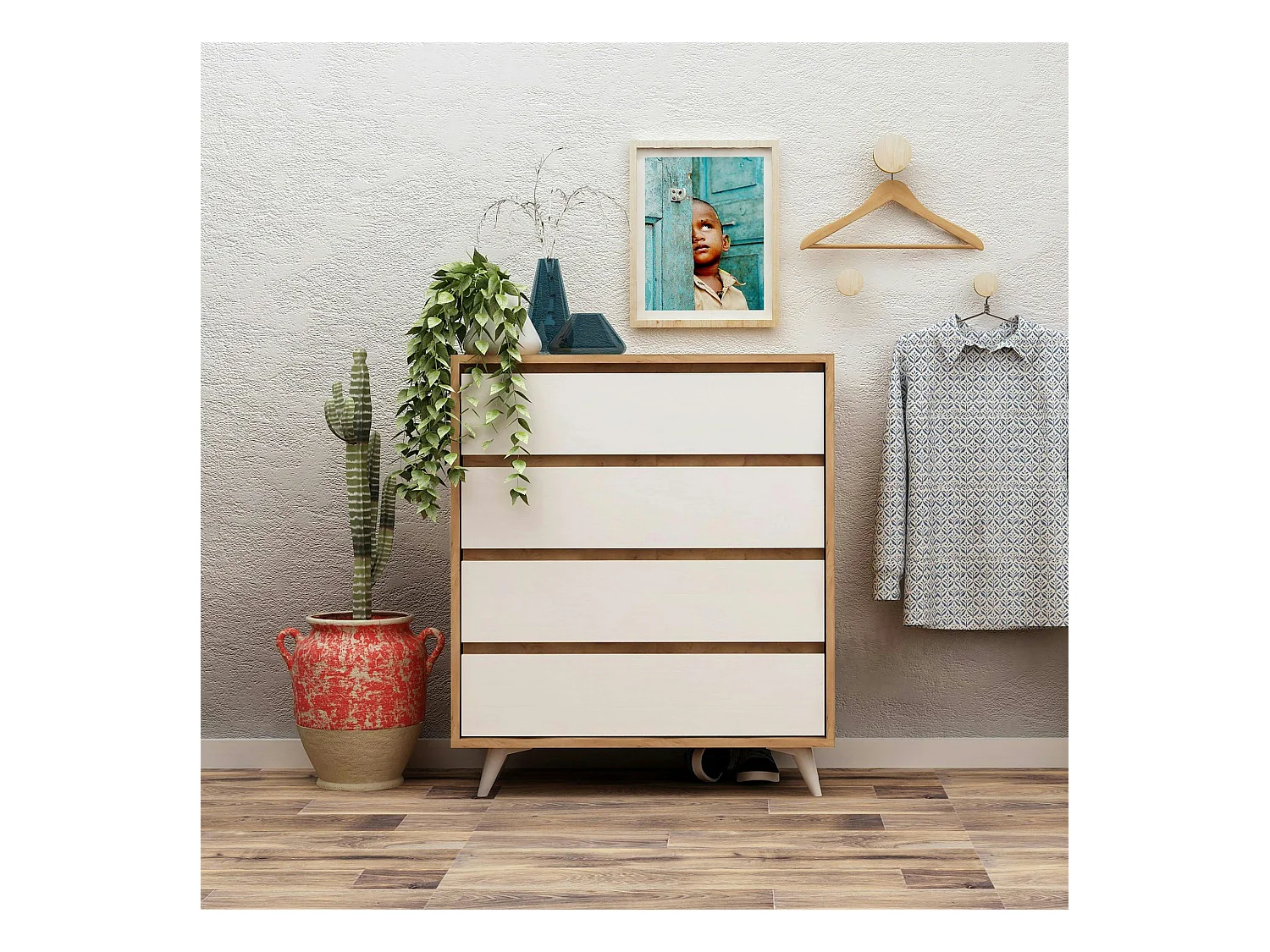 Commode moderne effet chêne 4 tiroirs blancs BYRON