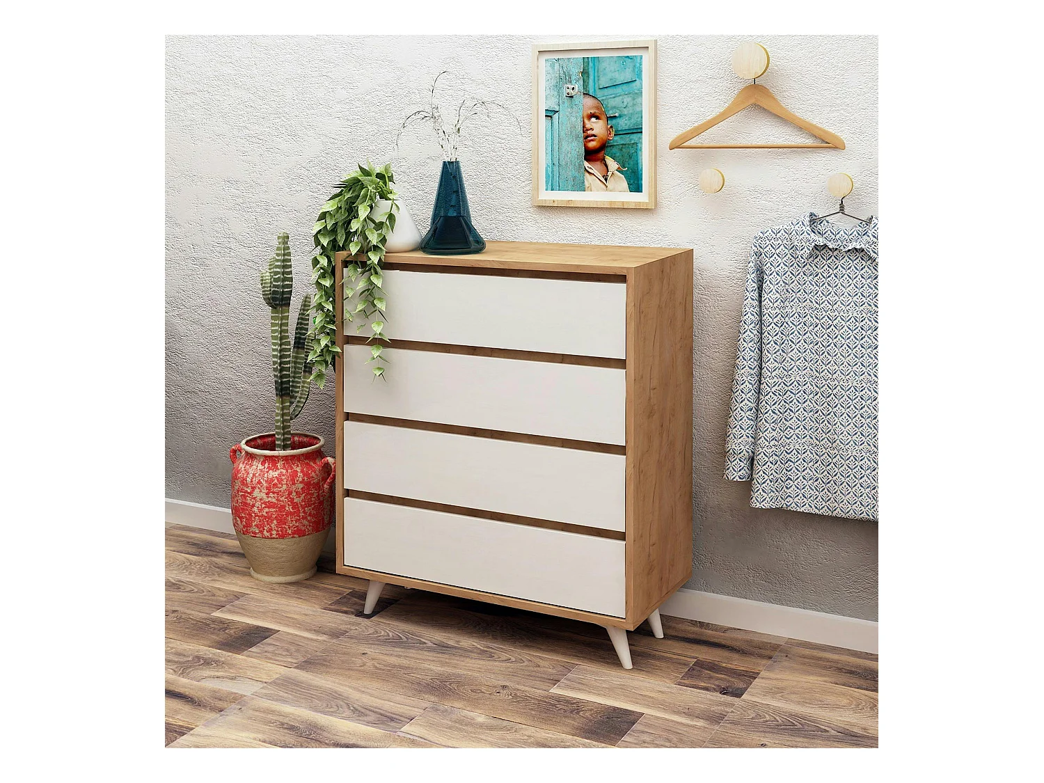 Commode moderne effet chêne 4 tiroirs blancs BYRON