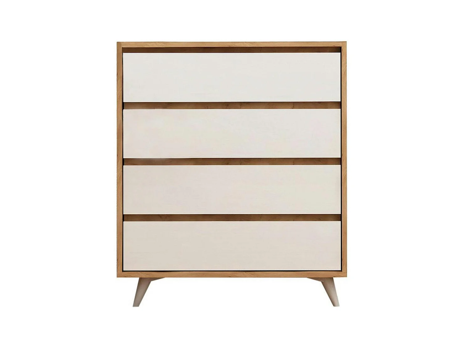 Commode moderne effet chêne 4 tiroirs blancs BYRON