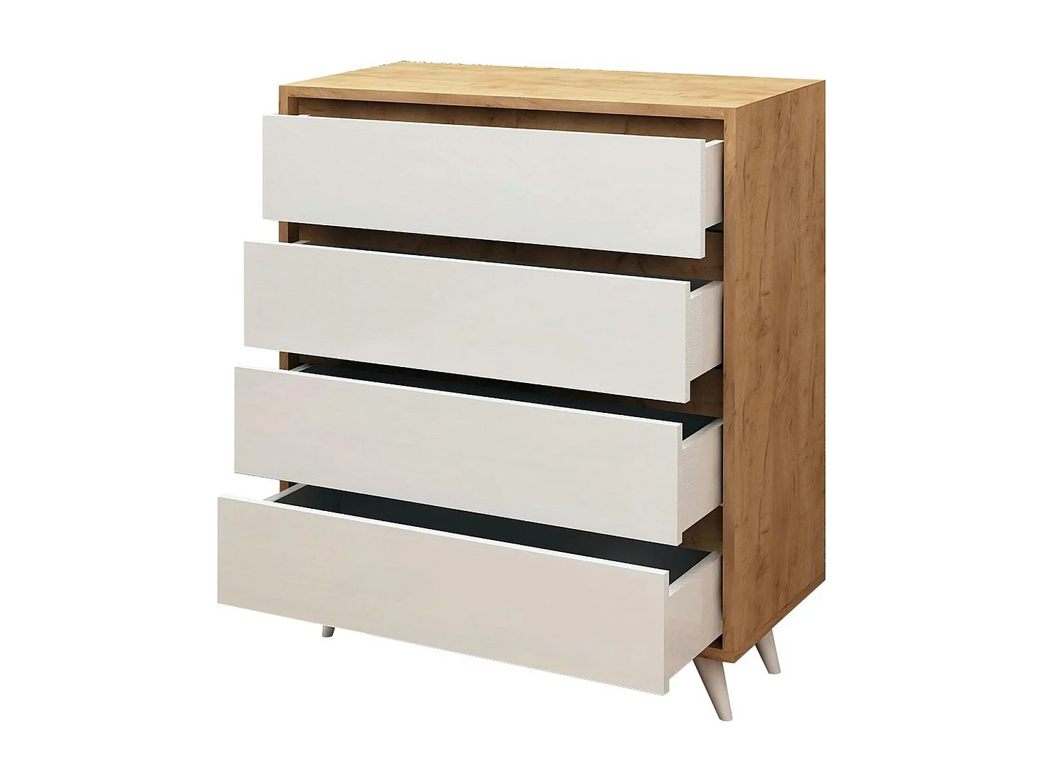 Commode moderne effet chêne 4 tiroirs blancs BYRON