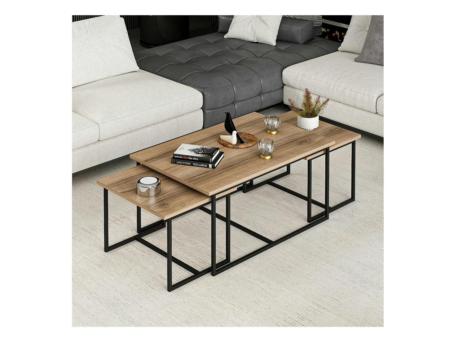 Table basse gigogne minimaliste effet noyer (lot de 3) JENA