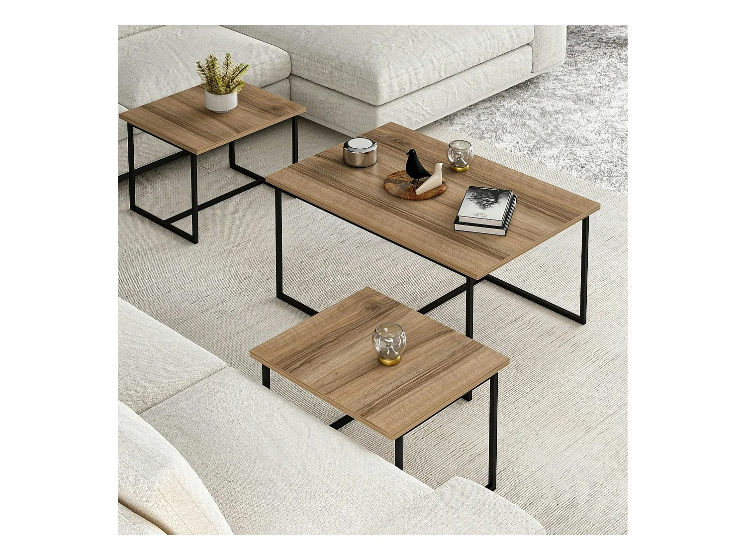 Table basse gigogne minimaliste effet noyer (lot de 3) JENA