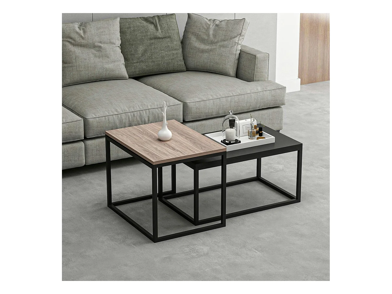 Table basse gigogne moderne - effet noyer & noir (lot de 2) JENA