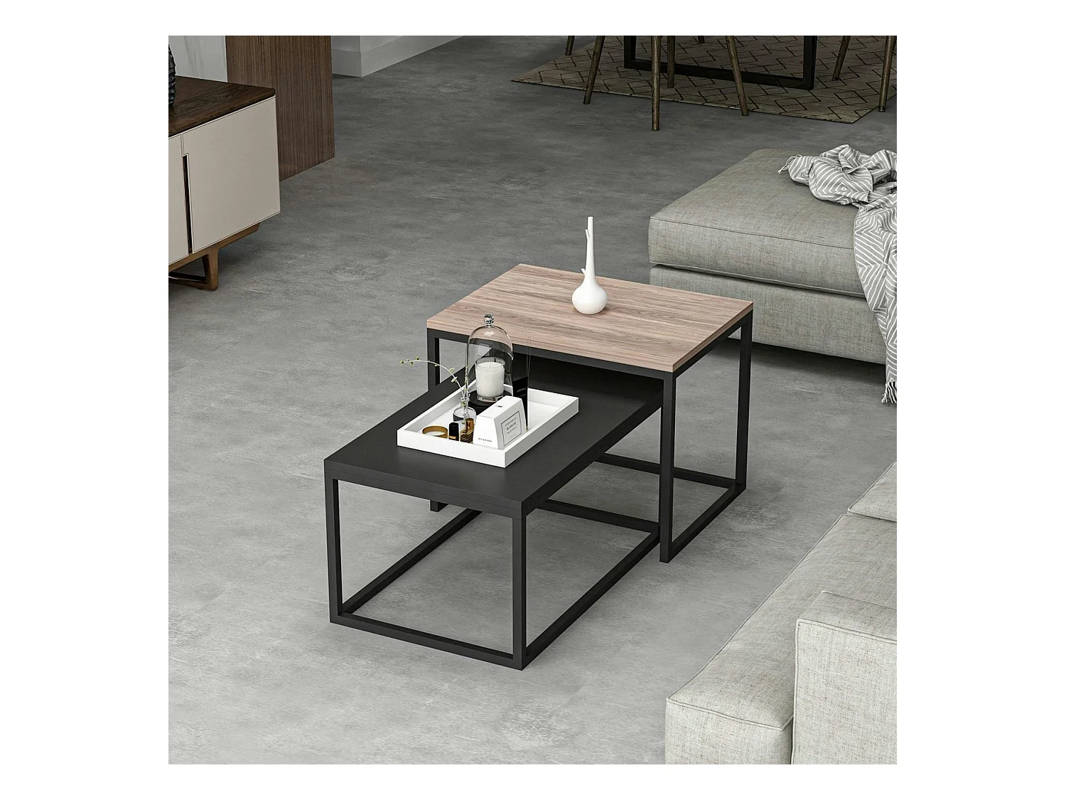 Table basse gigogne moderne - effet noyer & noir (lot de 2) JENA