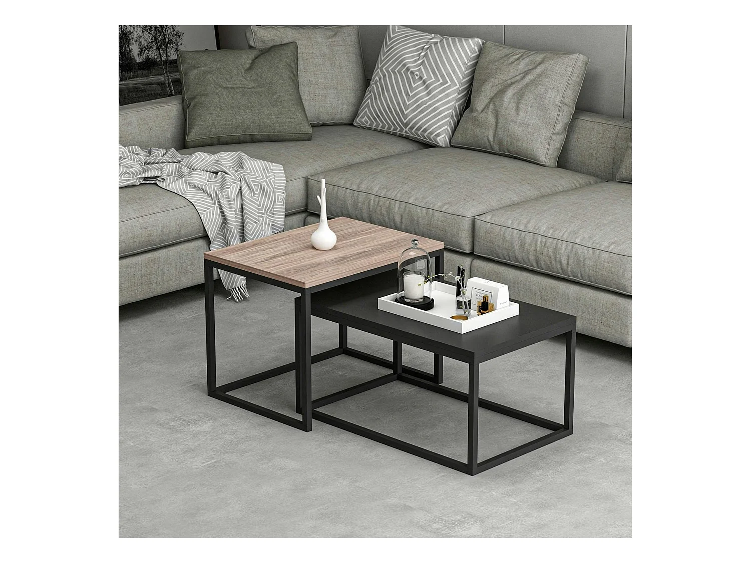 Table basse gigogne moderne - effet noyer & noir (lot de 2) JENA