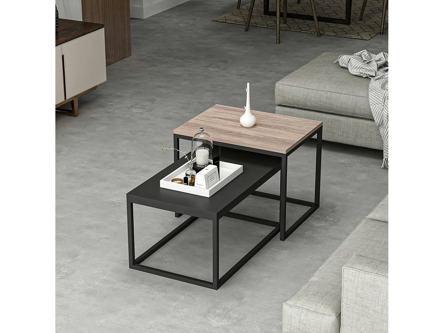 Table basse gigogne moderne - effet noyer & noir (lot de 2) JENA