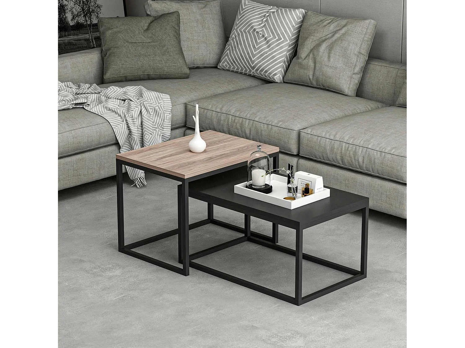 Table basse gigogne moderne - effet noyer & noir (lot de 2) JENA