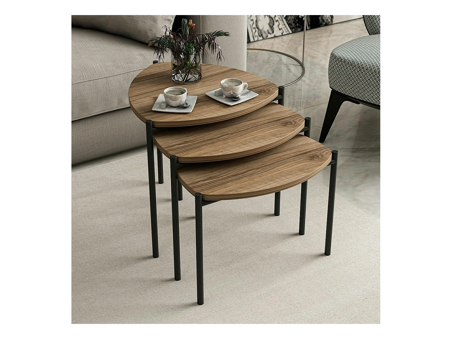 Petite table gigogne moderne effet noyer (lot de 3) JENA