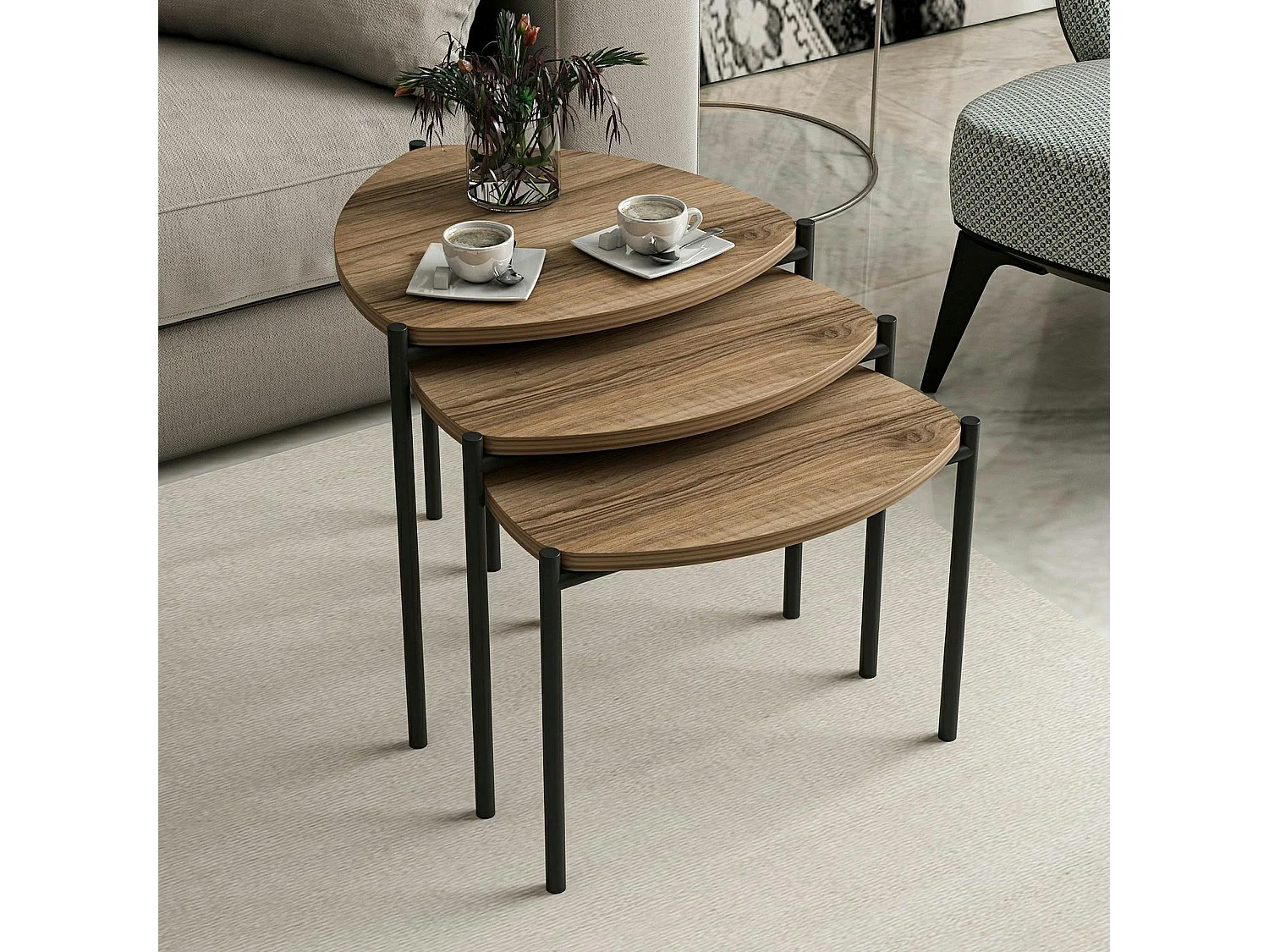 Petite table gigogne moderne effet noyer (lot de 3) JENA