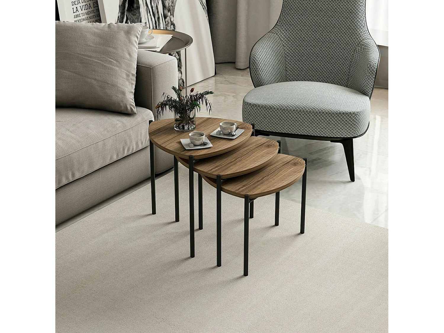 Petite table gigogne moderne effet noyer (lot de 3) JENA