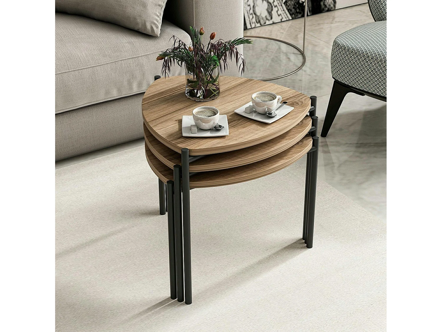 Petite table gigogne moderne effet noyer (lot de 3) JENA