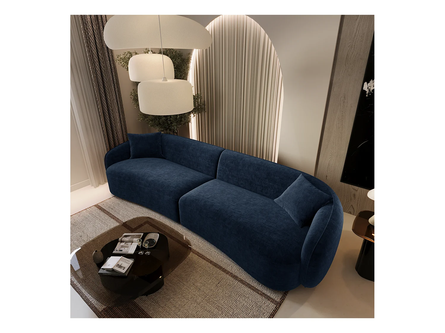 Canapé 4 places tissu tramé touché doux bleu nuit CELINE