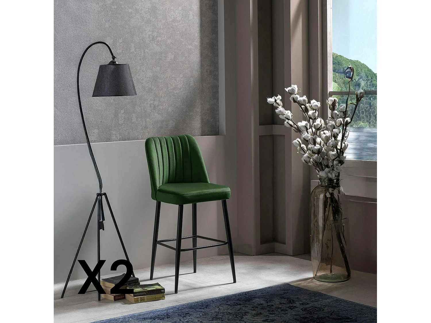 Tabouret de bar confort en velours vert (lot de 2) ROSARIO