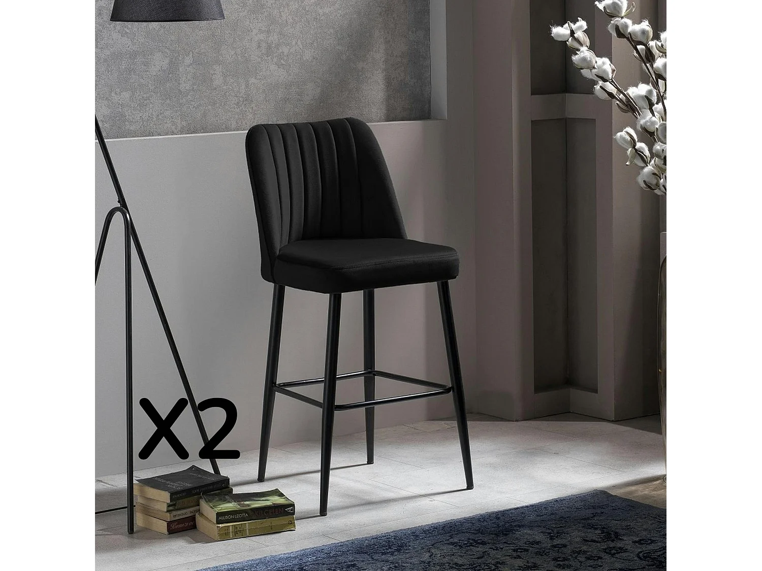 Tabouret de bar confort en velours noir (lot de 2) ROSARIO